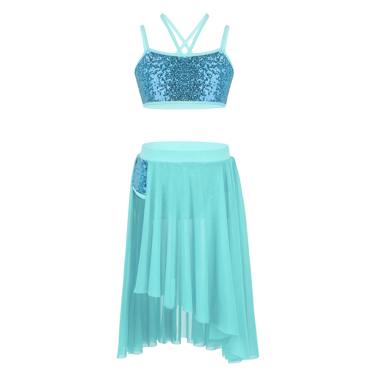 Камзол блестки лирическое латинское платье для танцев костюм дети девочки блёстки Спагетти ремни короткий топ с фатиновой юбкой комплект - Цвет: Lake Blue