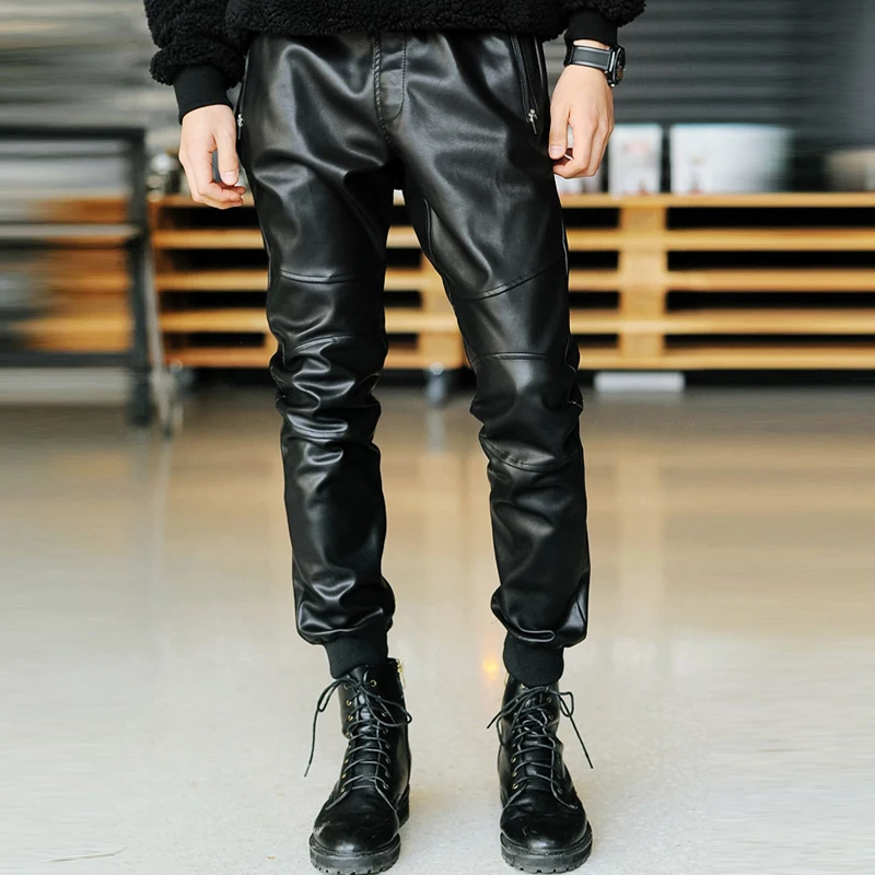 

2018 new fashion casual skinny trousers hip hop parkour harem leather pants men justin bieber pants