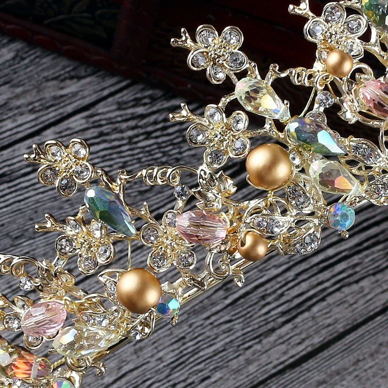 Luxury Pink Gold Pearl Bridal Crowns Handmade Tiara Bride Headband Crystal Wedding Diadem Queen Crown Wedding Hair Accessories