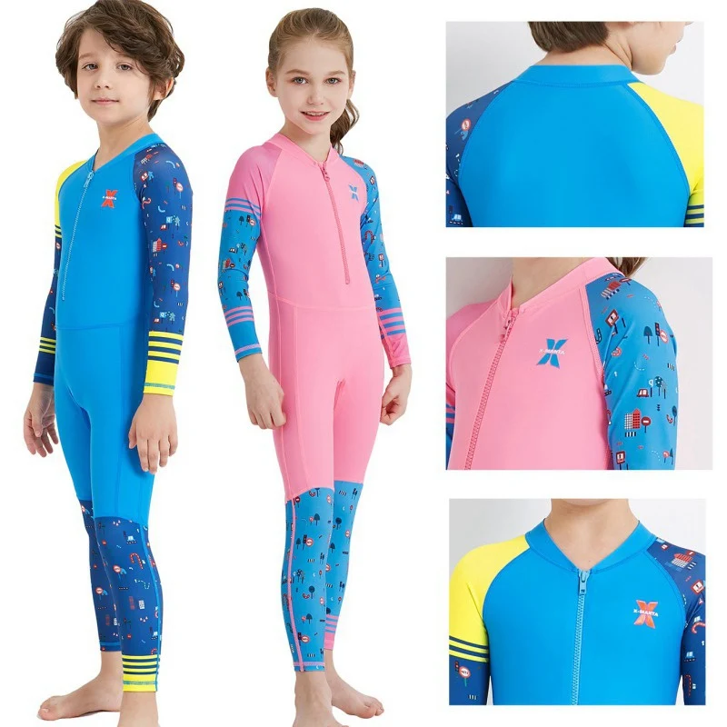 Коллекция года, Детский Гидрокостюм UPF50+ для дайвинга, гидрокостюм на молнии спереди для девочек и мальчиков, цельный костюм с длинными рукавами для серфинга Защита от солнца и УФ-излучения