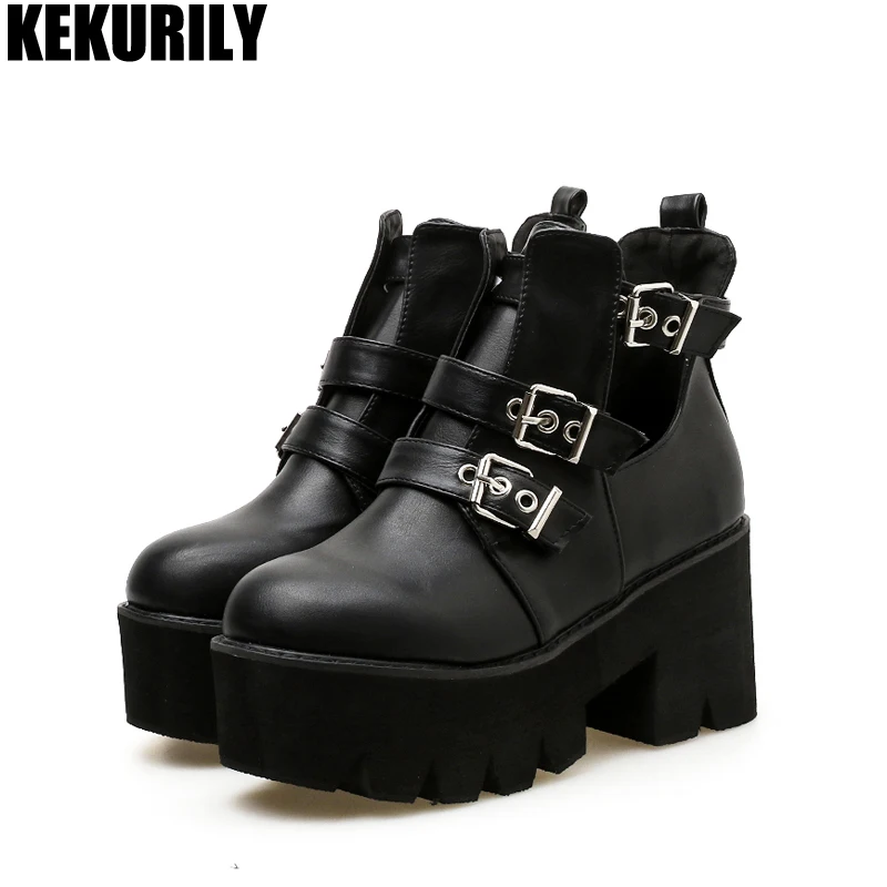 

Shoes Woman Metal Buckle Ankle Boots Fashion high Heels Sandals Platform Martin Boot Punk Motorcycle Boots black Zapatos mujer