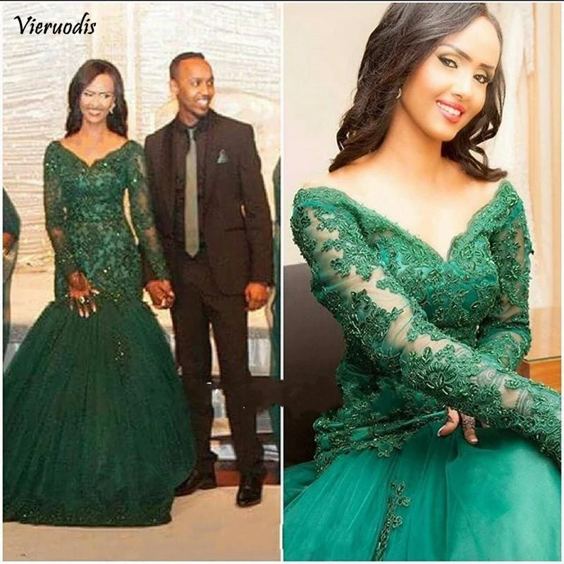 

Arabic Dark Green Mermaid Prom Dresses 2016 African Long Sleeve Lace Tulle Beaded Evening Party Dress New Plus Size Pageant Gown