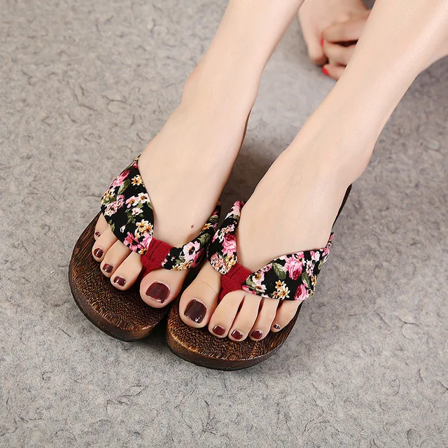 Women Japanese clogs flip flop thongs floral open toe kimono casual ...