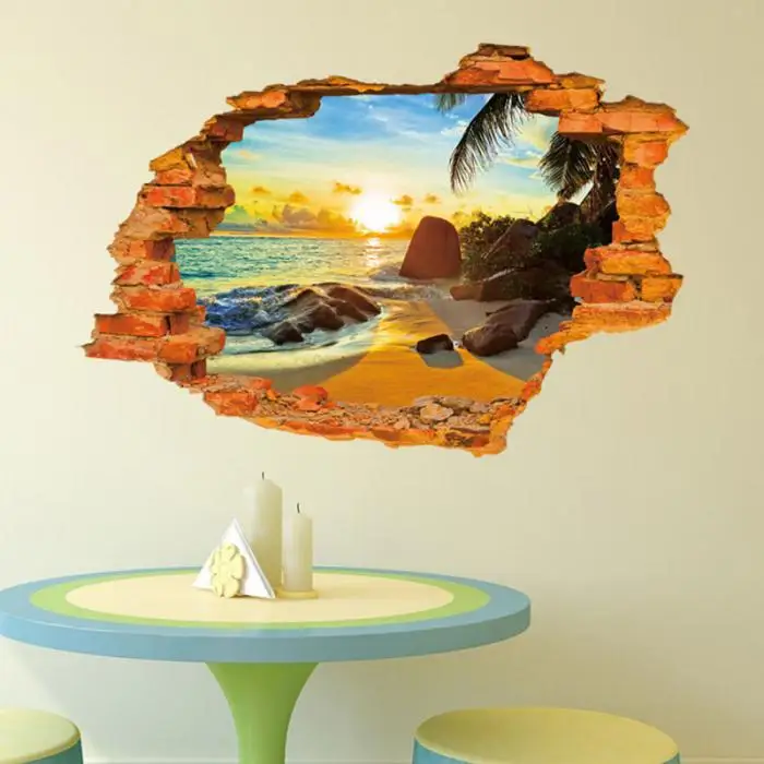 3D Beach Sunshine Stickers Decal Art Mirrors Vinyl Wall Sticker Home Room DIY Decor Fashion Decoration-Drop