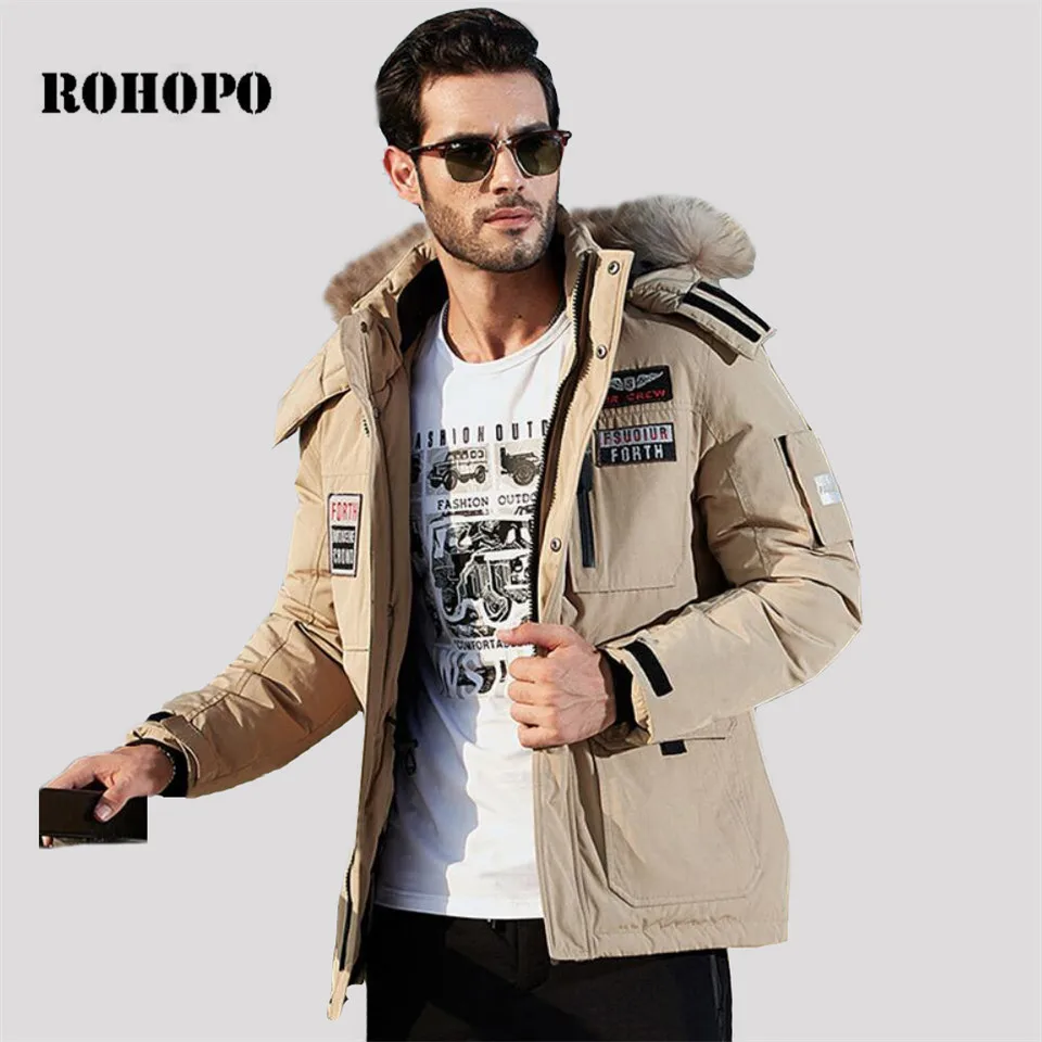 

ROHOPO Down Coat Fur Hooded Collar Military Man's Down Jacket,Medium Length Keep Warmly Down Coat Male Pockets Down Jackets men