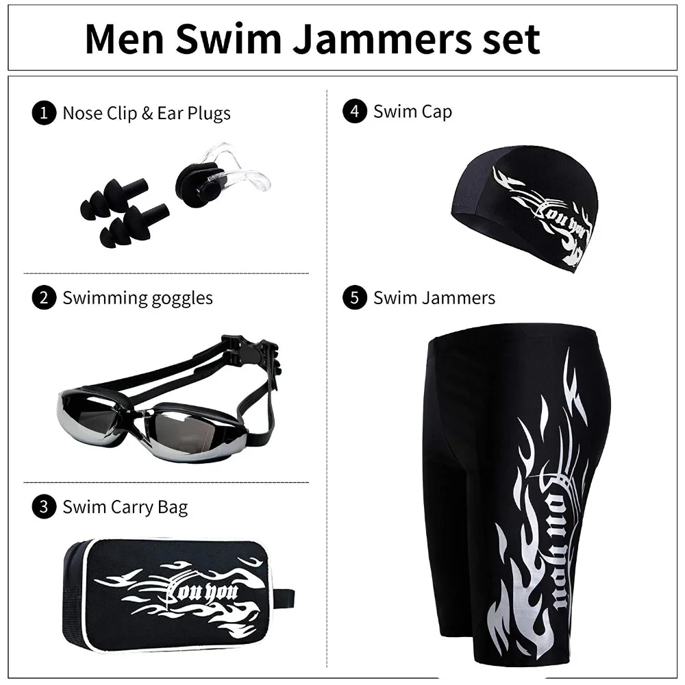 6 teile/satz Männer Bademode Schwimmen Shorts Badehose/Schwimmen Brille/Schwimmen Caps/Tasche/Ohr Stecker/ nase Pad Beachwear Tauchen Badeanzug Set