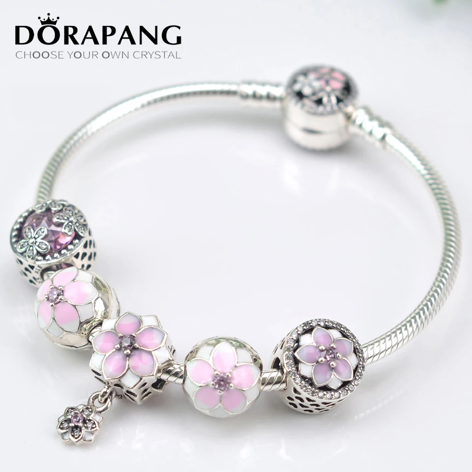 

DORAPANG NEW 100% 925 Sterling Silver Bracelet Set For Europe Women Spring Pink Flowers DIY Gift Original Bangle Charm Jewelry