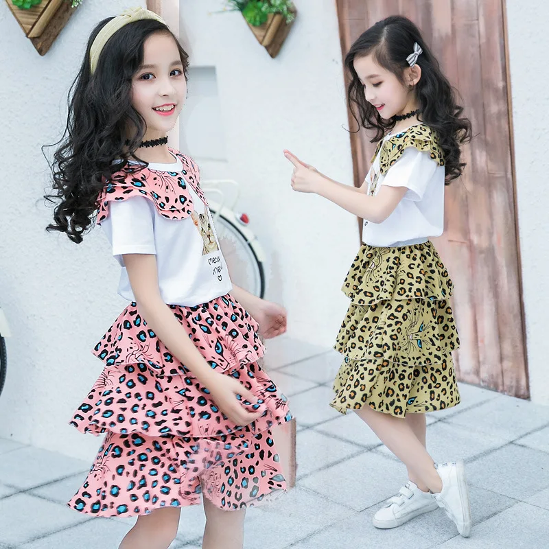 

Children Clothes Teenage Girls Clothing Set Summer Leopard T shirt Layered Skirt Suit for Girls Costume 10 12 Y Kids Tracksuit