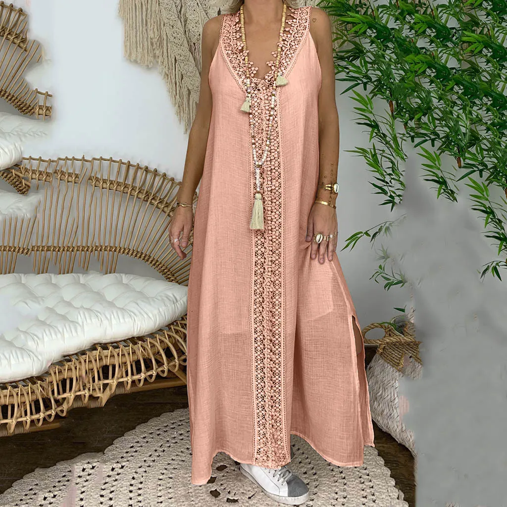 

Womens Solid Dresses Off Shoulder Sleeveless Party Bodycon Lace Long Dress Female Party Dress Sundress Beach Vestidos Elegant