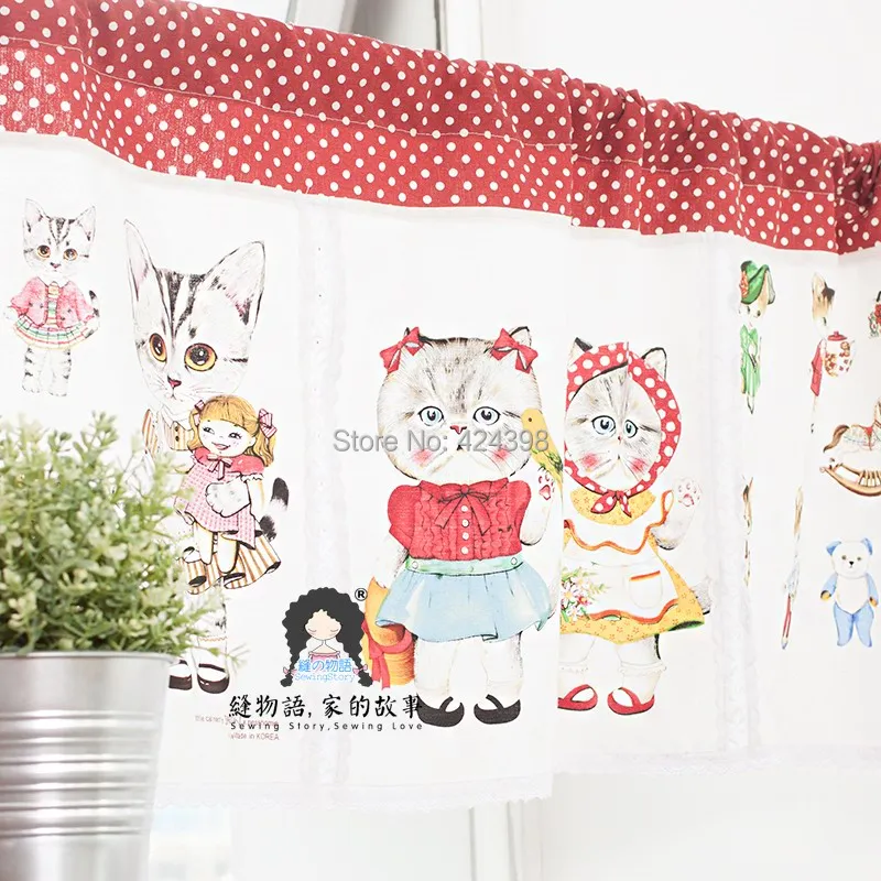 Morden japanese style short cat printed kitchen coffee curtain