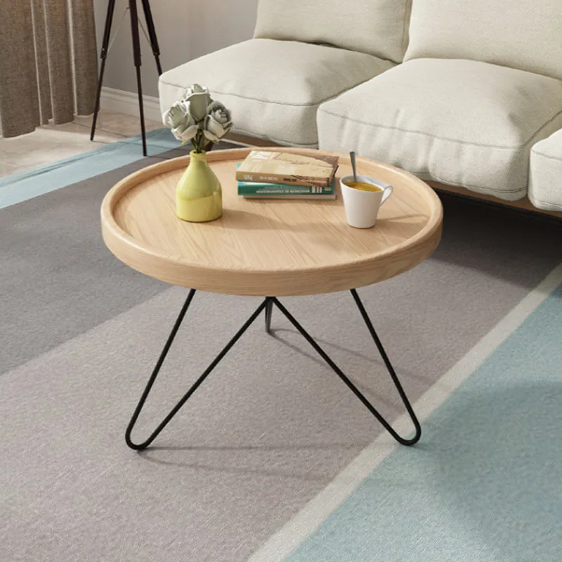 Solid Wood Coffee Table Metal Round End Table for Living Room Side Table