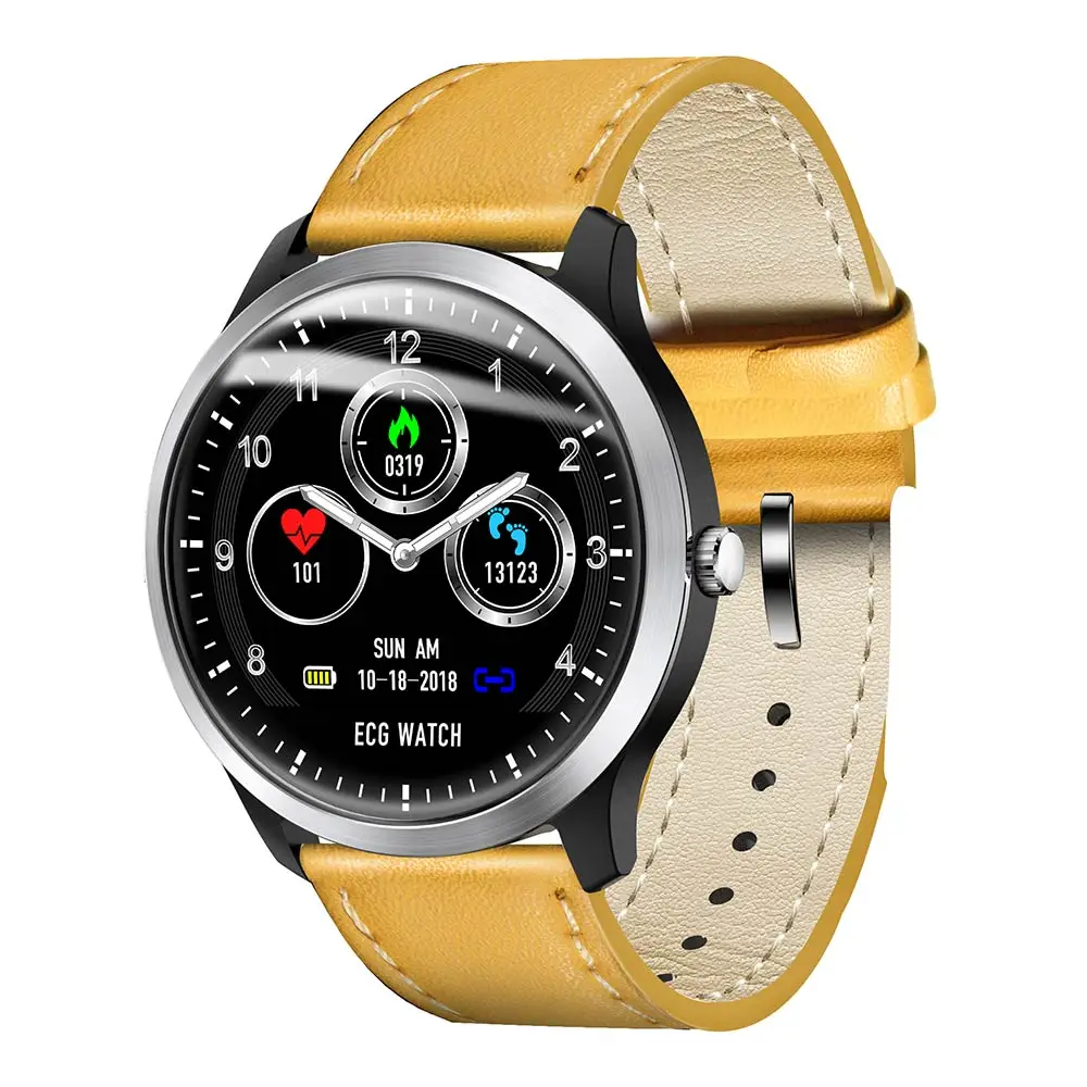 yellow leather Keoker N58 Смарт-часы ЭКГ+ PPG пульсометр кровяное давление фитнес-трекер напоминание о звонках водонепроницаемые Смарт-часы для мужчин и женщин - Цвет: yellow leather