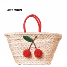 Red Cherry Pom Pom Ball Beach Bags Women Shoulder Handmade Woven Straw Handbags Summer Large Totes Boho Shopping Bags Basket A26