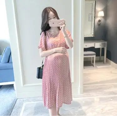 Maternity Dresses 2019 Summer Fashion Clothes for Pregnant Women Polka Dot Print Chiffon Short-sleeved Maternity Dress QL108