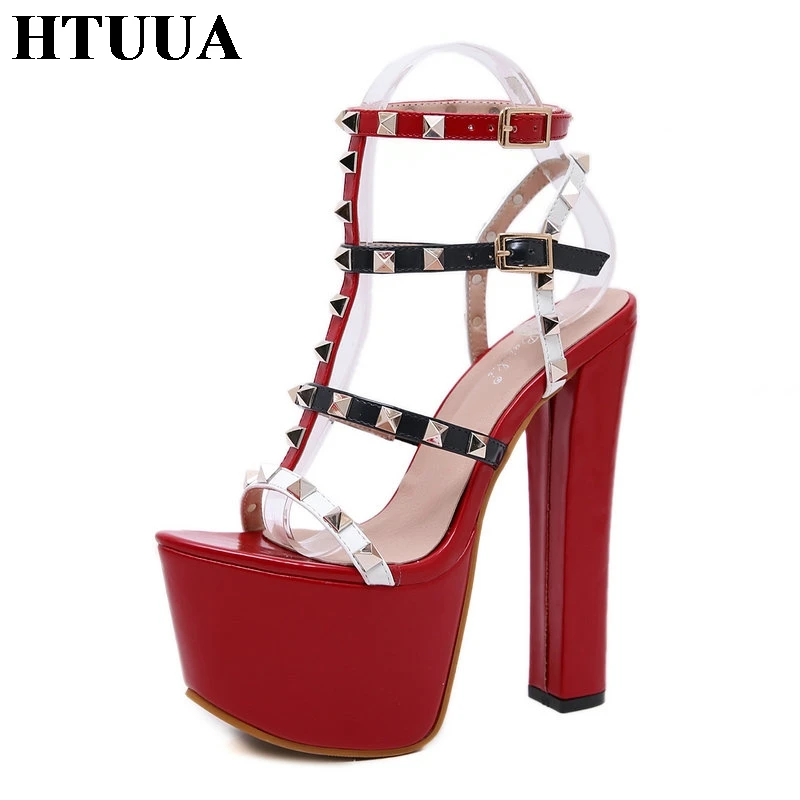 

HTUUA Brand Designer Women Sandals Summer Shoes Woman Rivet Cross Straps Chunky High Heels Platform Sandals Red Pumps SX2483