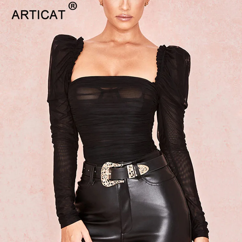 Articat черный прозрачный сетчатый сексуальный боди для женщин без бретелек с длинным рукавом обтягивающие летние комбинезоны для женщин s комбинезон повседневные боди