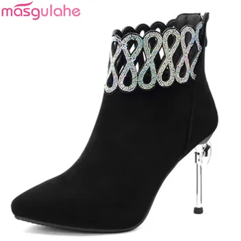 

Masgulahe 2018 fashion ankle boots for women pointed toe zip genuine leather boots thin high heels ladies prom boots crystal