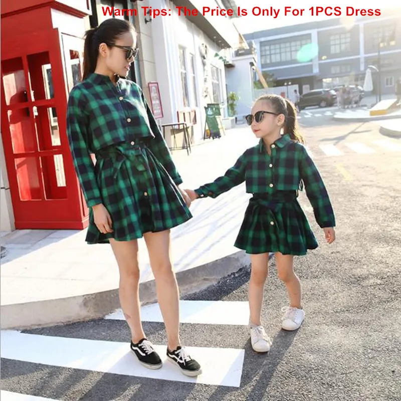  Mother Daughter Family Matching Long Sleeve Red Green Plaid Dress 2_