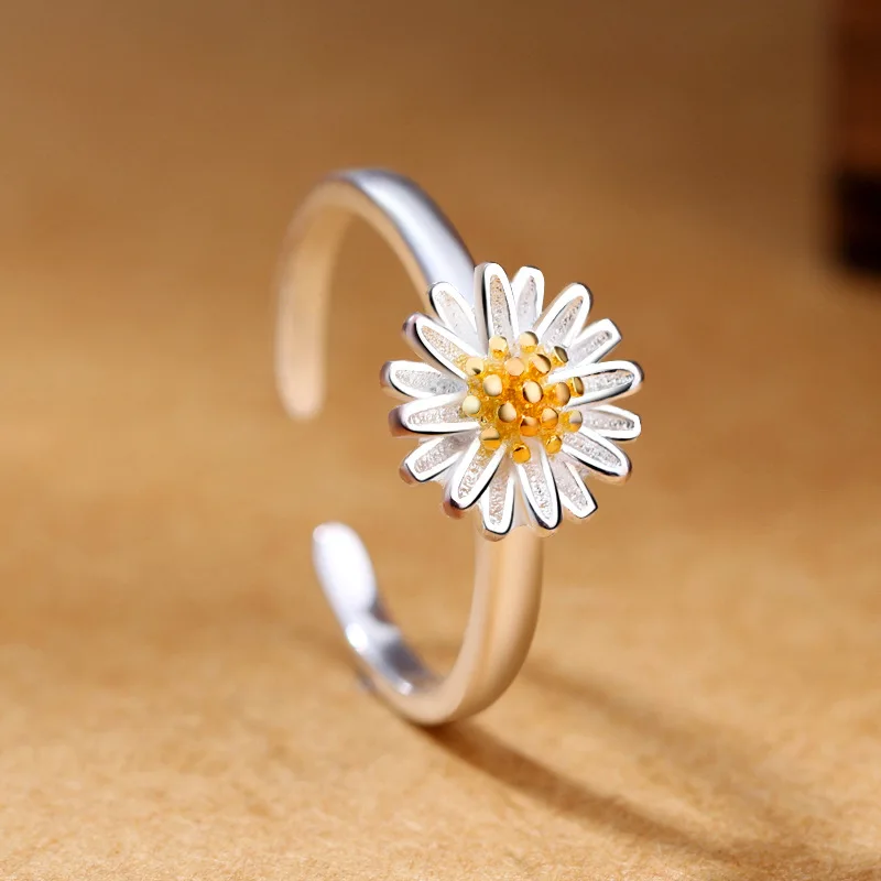 Gran venta DreamySky 100% auténtica plata pura Color Daisy flor anillos para las mujeres anillo de dedo joyería hermosa envío de la gota 87ZL7BzX