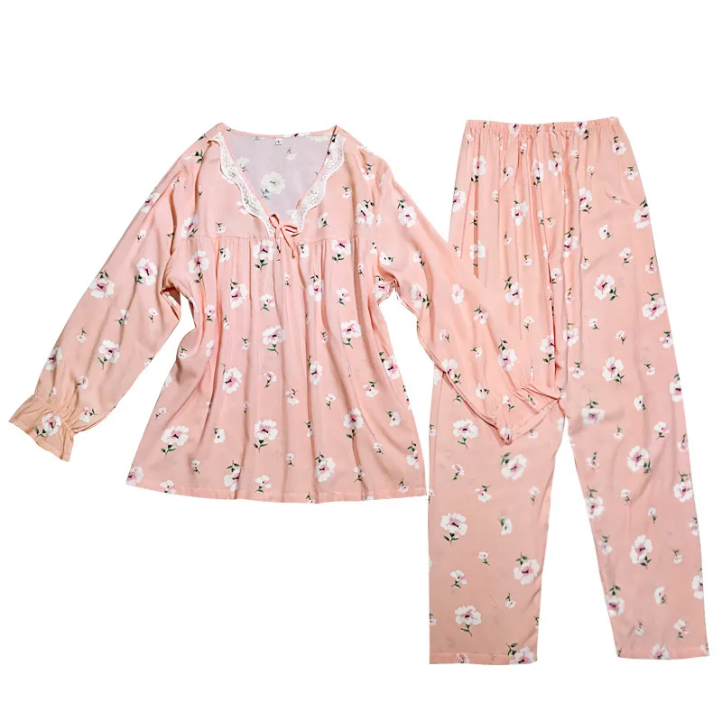 

2019 new spring and autumn new long-sleeved pajamas set sweet print lace top+pants 2pcs pajamas women V-neck home clothing pink