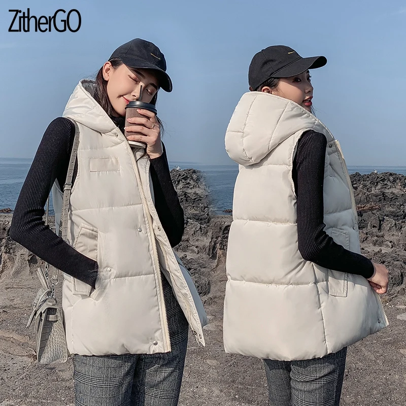 Beige White ZitherGo осенний женский кампус стиль Повседневный хлопковый жилет пальто для женщин с капюшоном без рукавов куртки Уличная мода жилет наряд - Цвет: Beige White