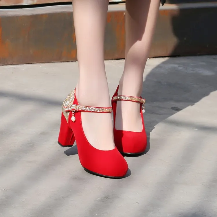 Новые весенне-осенние блестящие женские туфли на высоком каблуке размера плюс 34-43, свадебные туфли г. Женские вечерние туфли-лодочки для невесты на толстом каблуке