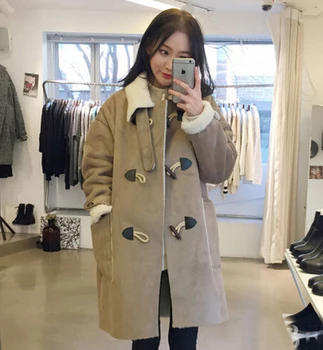 

Autumn winter fashion lamb fur in the long jacket plus velvet thick coat deerskin coat loose large size cotton clothing Female