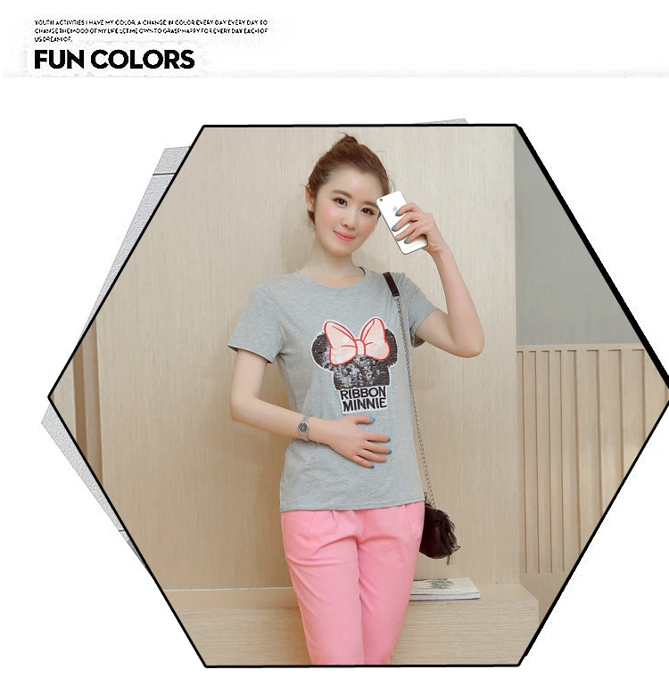 Летний костюм для беременных из двух частей: Корейская рубашка с короткими рукавами+ розовые хлопковые брюки, девять женских Костюмов