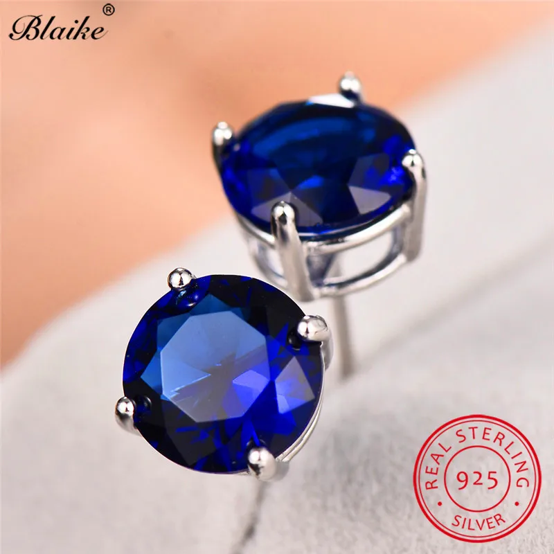 

Blaike Real s925 Sterling Silver Round Stud Earrings For Women Men Black Green Blue Yellow Pink Purple Zircon Rainbow Earrings