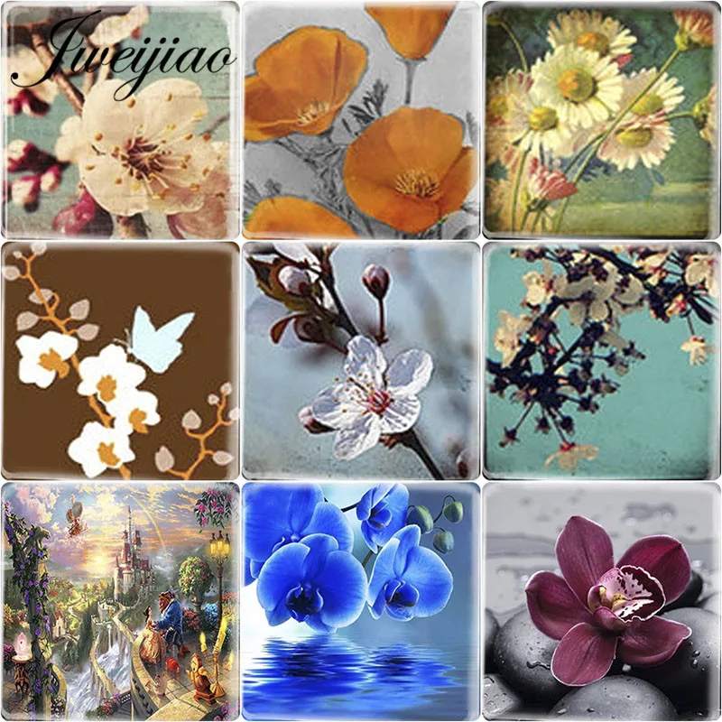 

JWEIJIAO Colorful Flowers Art Picture 12mm Square Shape Glass Cabochon Cameo Charms Settings For Stud Earrings DIY Gift