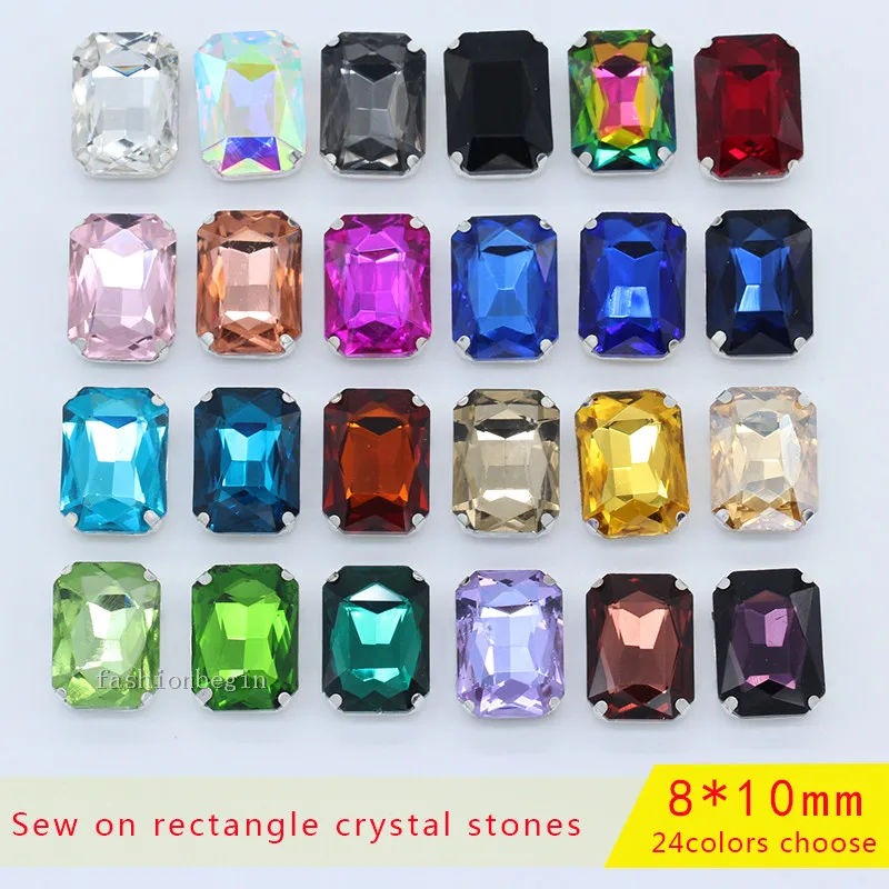 

50p 8x10mm Color sew on strass stone faceted rectangle crystal glass rhinestones jewels silver setting beads Garment accessories