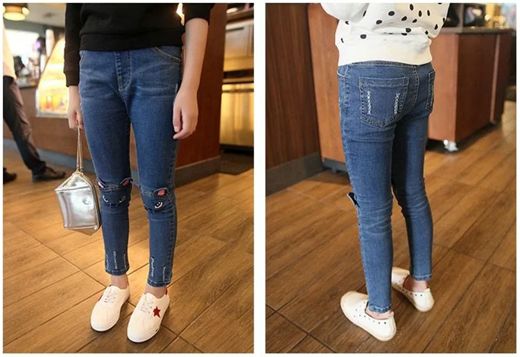 Модные джинсы для девочек; сезон весна-осень; леггинсы для девочек с рисунком кота; детские узкие брюки; детские джинсы с вышивкой; детские брюки; От 3 до 14 лет