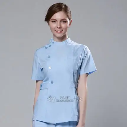 Дешевые летние женские медицинские скрабы для больниц с индивидуальным логотипом, набор узких зубных скрабов для салона красоты, униформа медсестры для спа - Цвет: blue women