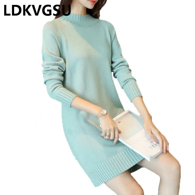 2018 Autumn Winter New Women's Long Sweater Loose Large Size Thick Round Neck Solid Color Korean Female Knit Is1477 | Женская одежда