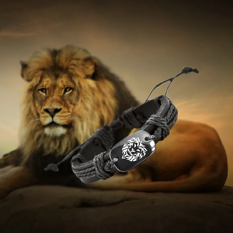 

African lion Animal Backer Woven Rope Leather Unisex Bracelet Yak Bone Carved,Fashion bracelet For Women drop shipping