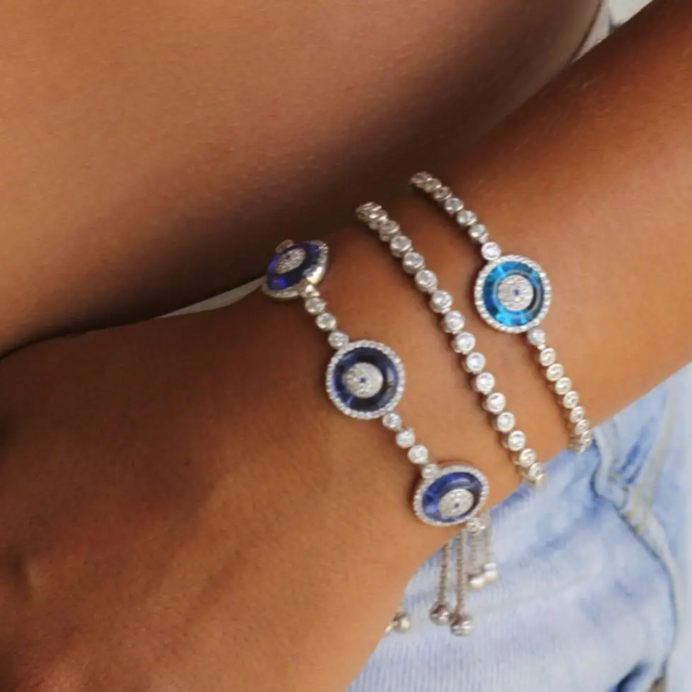 

tennis round disco evil eye charm fashion jewelry rose gold color bracelet bangle