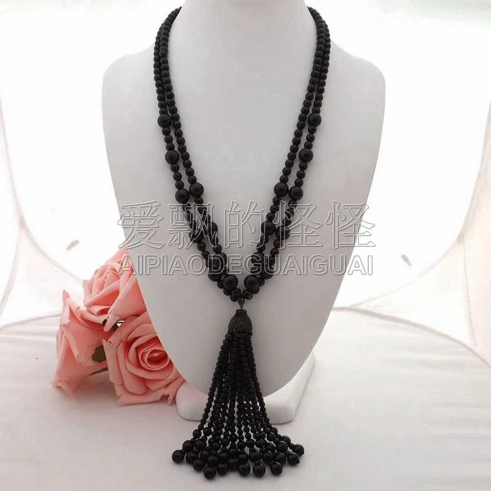 

N060404 26" 2Strands Onyx Necklace CZ Pendant