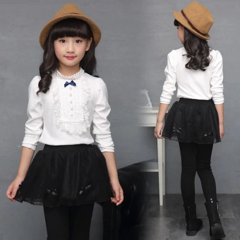 3-13 Y Teenage Spring Fall Winter School Girls Shirts Kids Child Long Sleeve Lace Girl Tops And Blouse Baby Clothes JW3033A