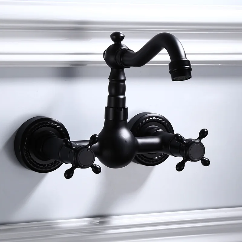  Antique Carved Solid Brass Bathtub Faucet Wall Mounted Double Handle Hot and Cod Mixer Kitchen Blac - 33035839221