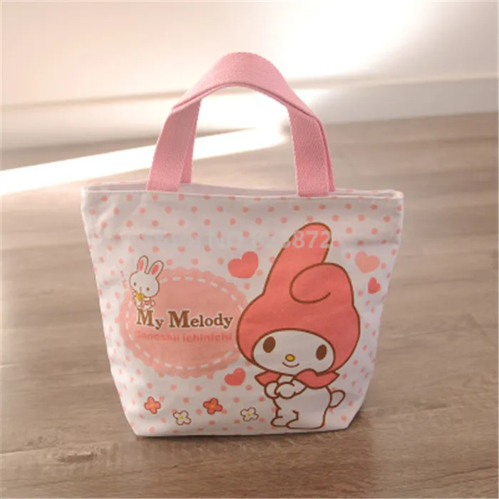 Милая маленькая Холщовая Сумка-тоут с изображением кролика My Melody для девочек, детская школьная сумка для ланча Kawaii, сумки для ланча, женская сумка для еды для пикника - Цвет: Бежевый