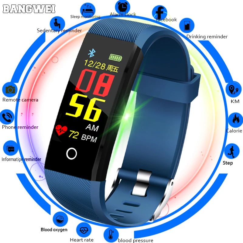 

BANGWEI Sport Bracelet Men IP67 Waterproof Fitness Smart Watch Blood Pressure Heart Rate monitor Pedometer Information Reminder