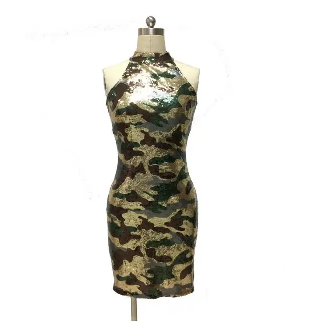 2017 New Fashion Sleeveless Camo Camouflage Sequin Dress Bodycon Dress