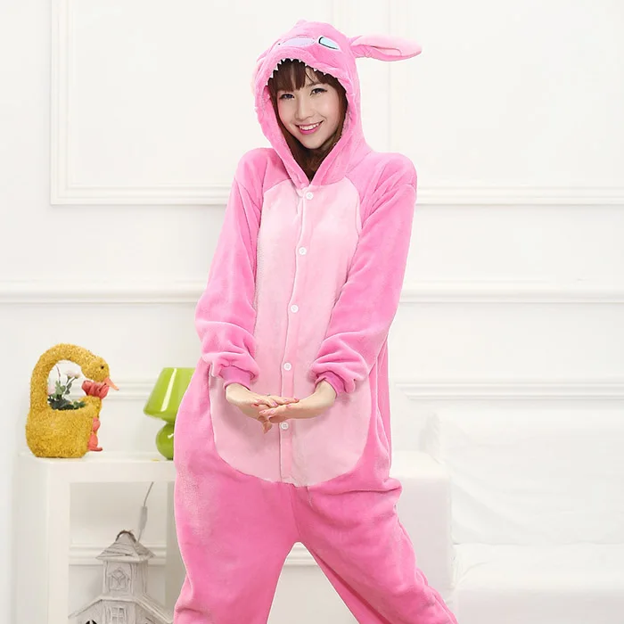 pink stitch Аниме кигуруми Зебра Onesie взрослых женщин пижамы костюм животных летучая мышь пижамы фланелевые зимние теплые свободные мягкие Косплей пижамы - Цвет: pink stitch