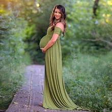 Maternity Jersey Dress For Photo Shooting Slash Neck Maternity Photography Props Gown Short Sleeve Stretchy Dresses