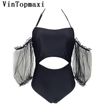 Г. Новые пикантные с плеча сетки объемные рукава купальники Для женщин Одна деталь купальник без бретелек ванный комплект черный Монокини Купальщица