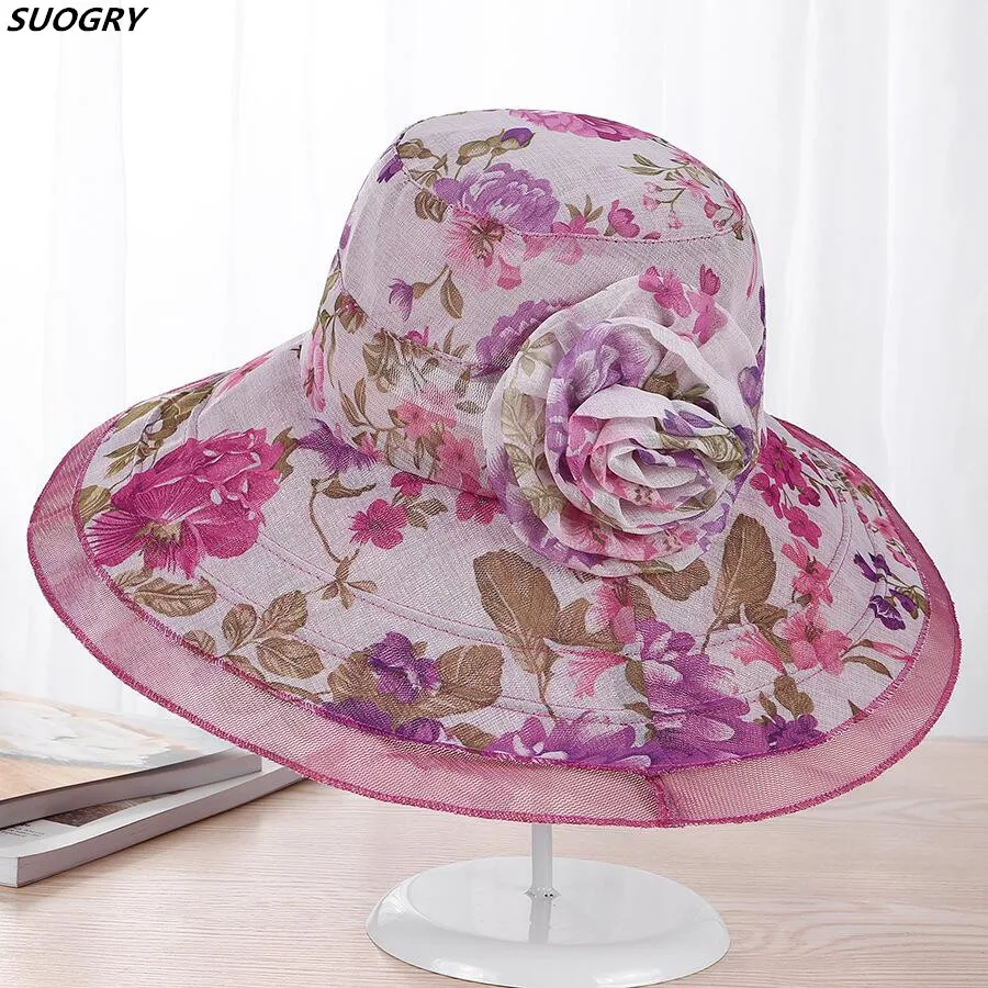 

2018 Women Summer Wide Brim Foldable Sun Hat Elegant Flower Cotton anti-UV Beach Outdoor Fashion Bucket Hat Cap For Lady Female