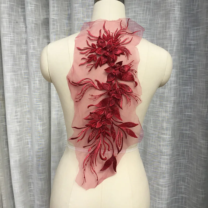 

Free Shipping 2PC New Beautiful Long Big Colors Flower Embroidery Neckline Lace Applique Trims Collar Sewing DIY Crafts