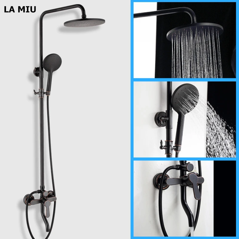 

LA MIU Matte Black Wall Mounted Press to Switch Water Mode Bathroom Rainfall Shower Faucet Set Mixer Tap Hand shower MLS 2146