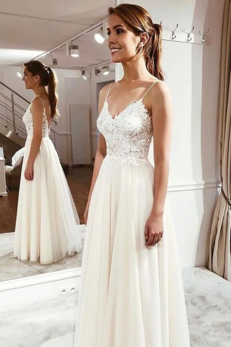 LORIE Strand Trouwjurk 2019 Spaghettibandjes Top Lace Boho Bruid Jurk Sexy Applicaties Wedding Gown Custom Made vestido de