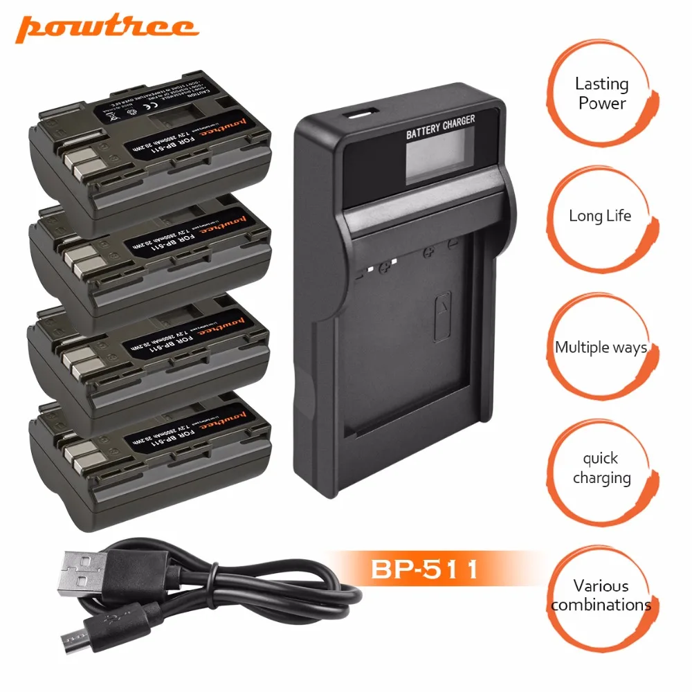 

4Packs 2800MAH AKKU BP-511 BP 511 BP511 BP511A Battery + LCD USB Charger for Canon EOS 40D 300D 5D 20D 30D 50D G6 G5 G3 G L10